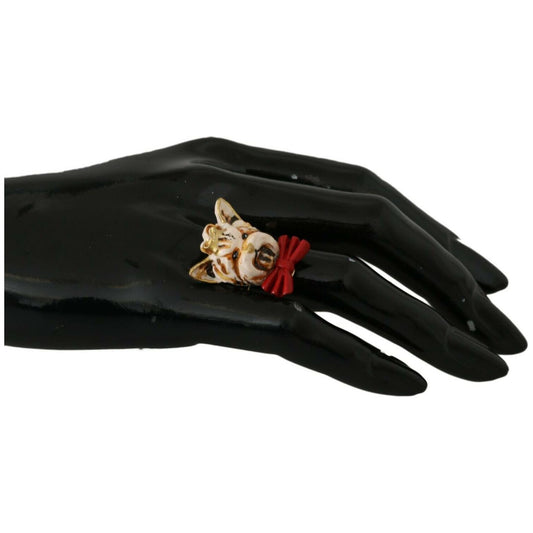 Dolce & Gabbana Gold Brass Resin Beige Dog Pet Branded Accessory Ring SMY2256- 50