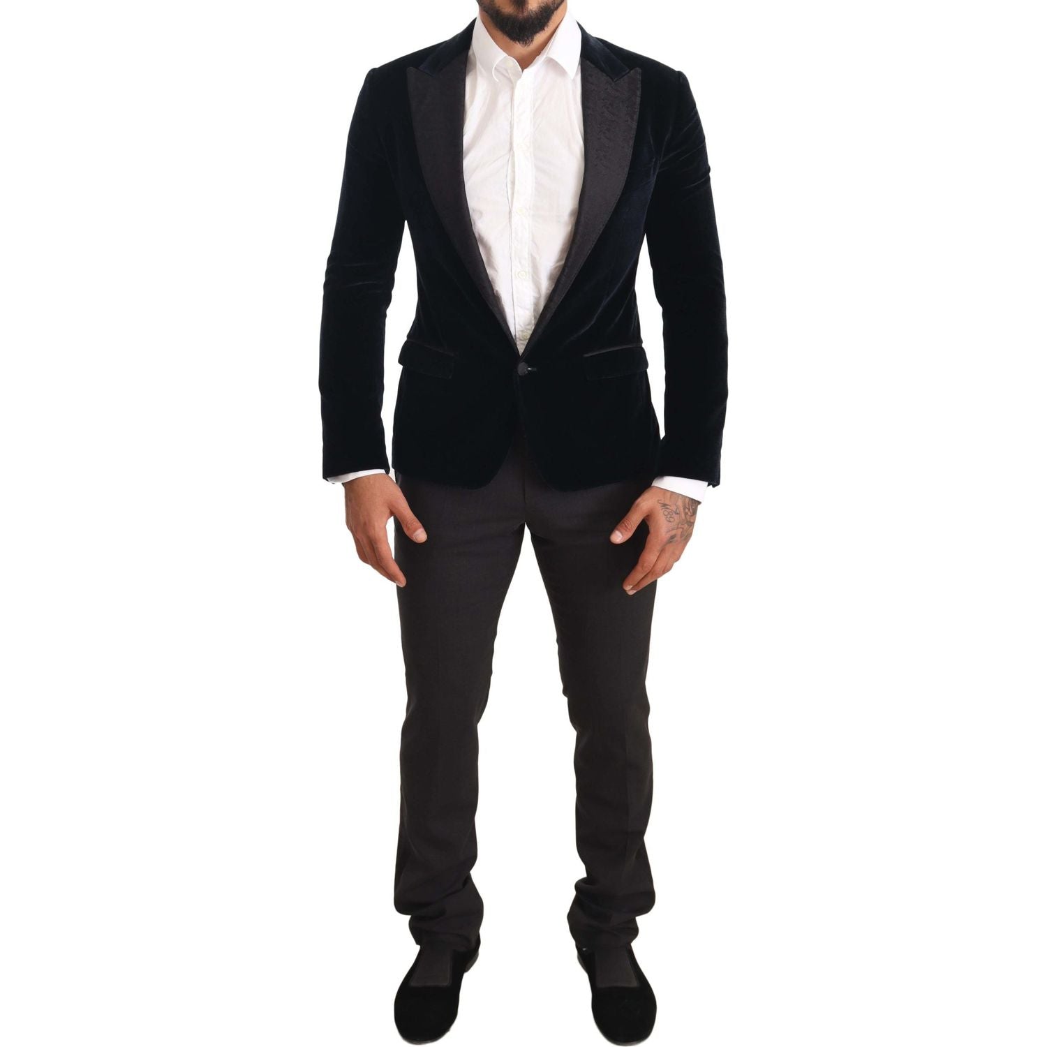 优雅蓝色两件套天鹅绒西装