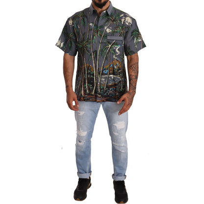 Dolce & Gabbana Gray Linen Tropical Print Collared Shirt