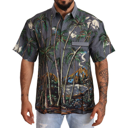 Dolce & Gabbana Gray Linen Tropical Print Collared Shirt