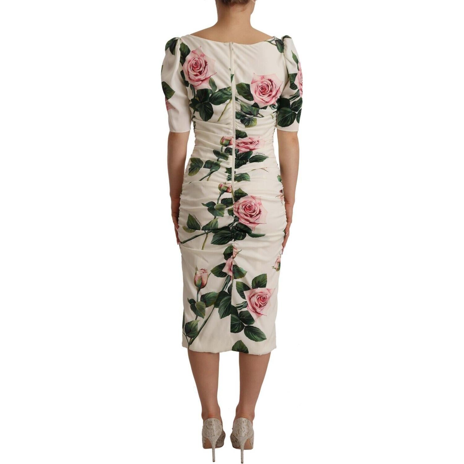 Dolce & Gabbana White Roses Print Stretch Silk Pleated Dress