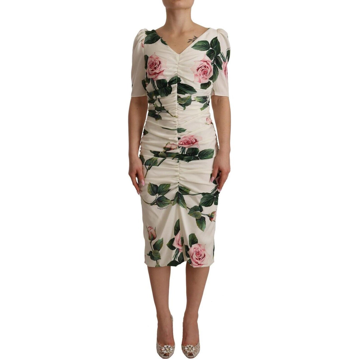 Dolce & Gabbana White Roses Print Stretch Silk Pleated Dress Dress