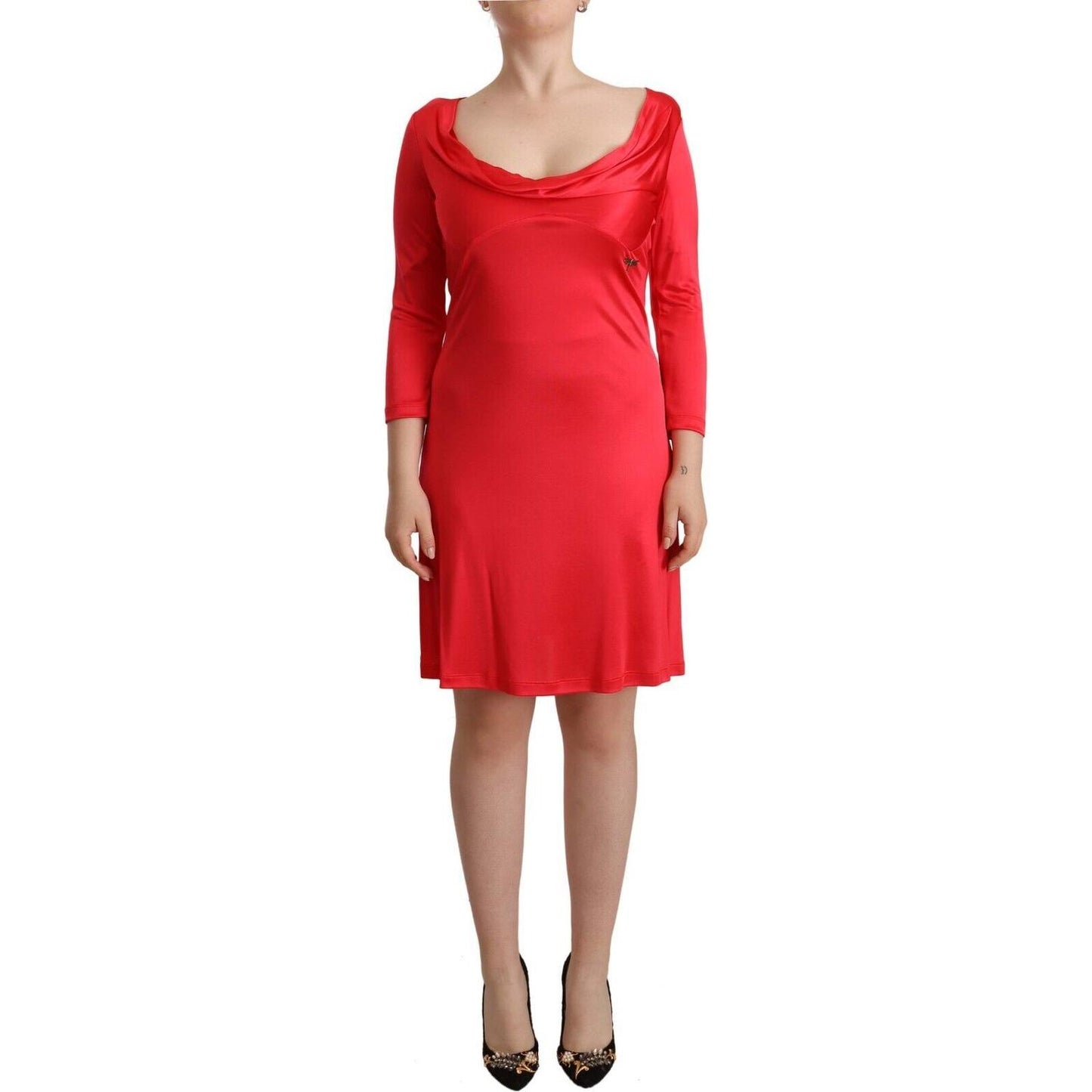 John Galliano Red Viscose 3/4 Sleeves Deep Round Neck Sheath Dress WOMAN DRESSES