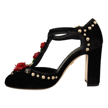 Dolce & Gabbana Black Mary Jane Pumps Roses Crystals Shoes