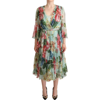Dolce & Gabbana Green Floral Long Sleeves V-neck Midi Dress WOMAN DRESSES