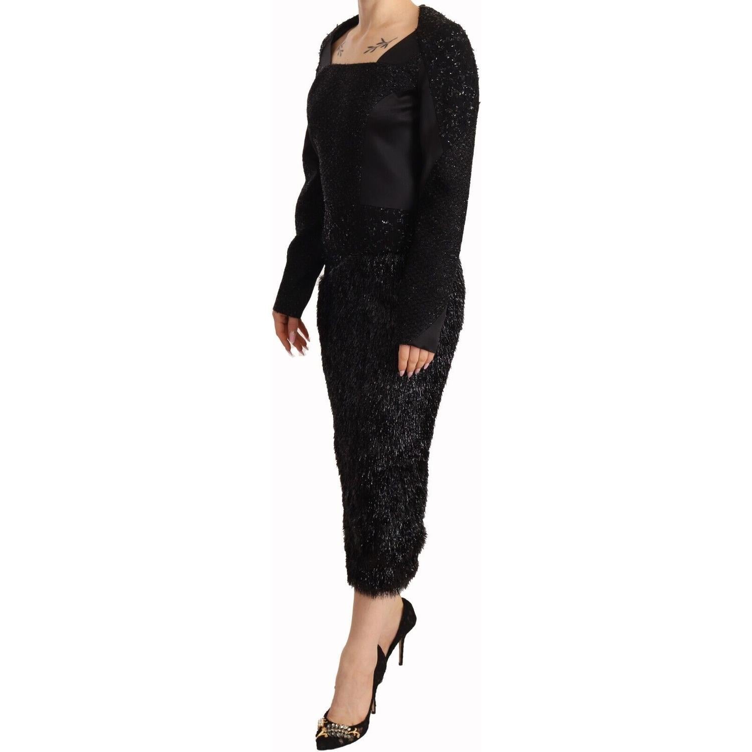 优雅黑色缀饰中长连衣裙