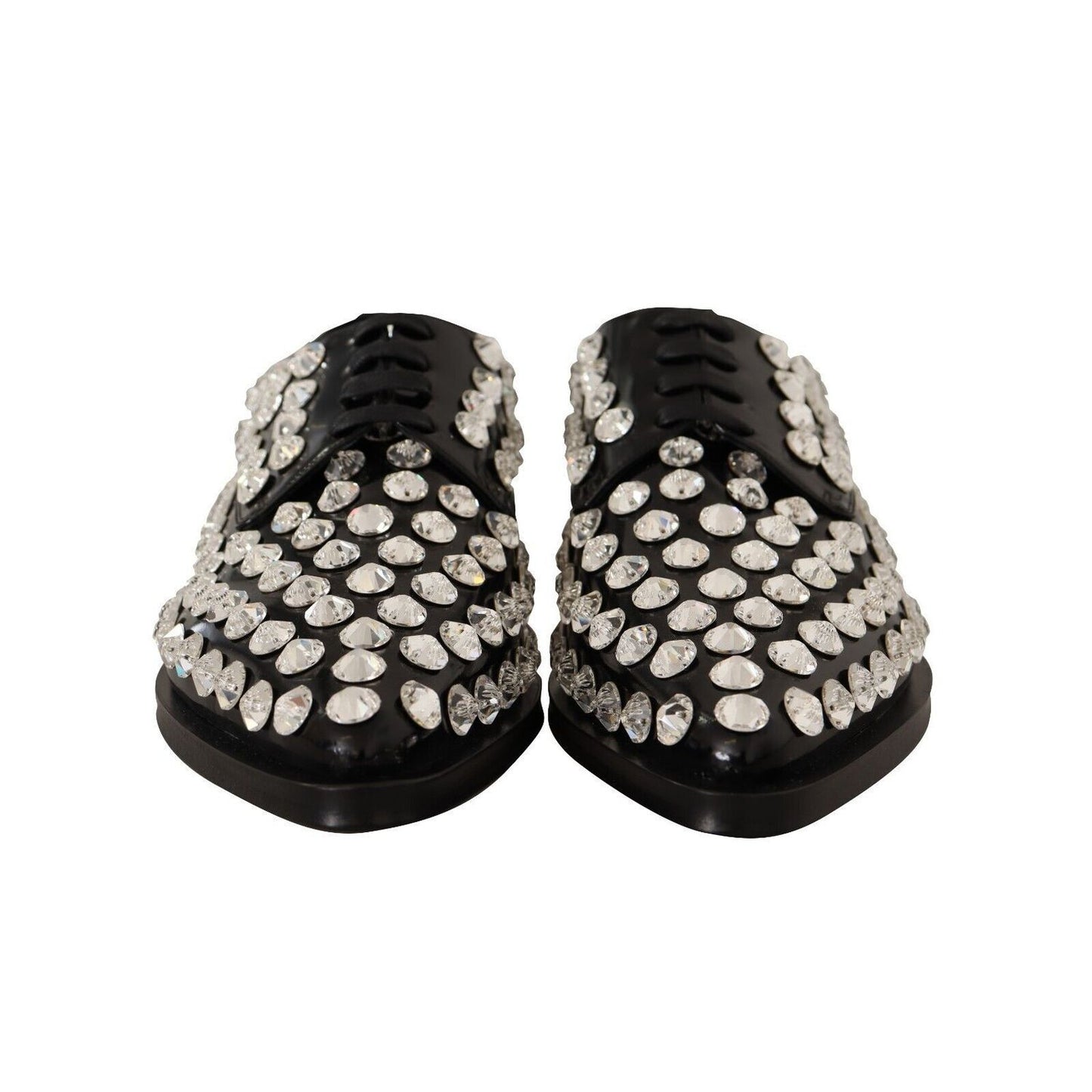 Dolce & Gabbana Black Leather Crystals Lace Up Formal Shoes