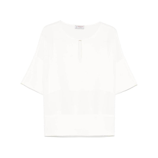 Alberto Biani white blouse with teardrop opening, drop shoulder, three-quarter sleeves, and short side slits.