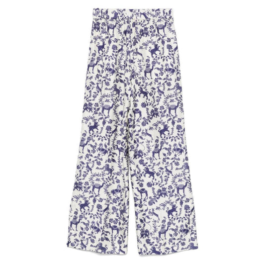 Alberto Biani ecru printed silk trousers with elasticated waistband and side slit pockets