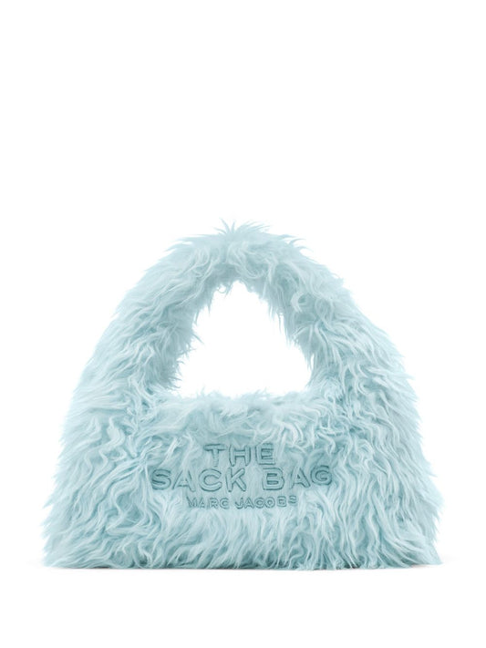 Blue Marc Jacobs Mini Faux Fur Sack Tote Bag with embroidered logo and magnetic fastening.