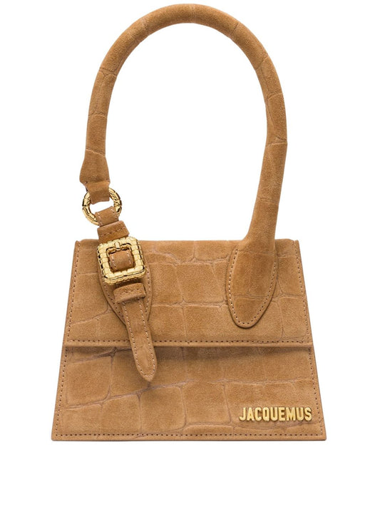 Jacquemus Le Chiquito Moyen Boucle tote bag in camel brown with crocodile embossed texture and gold buckle detail.
