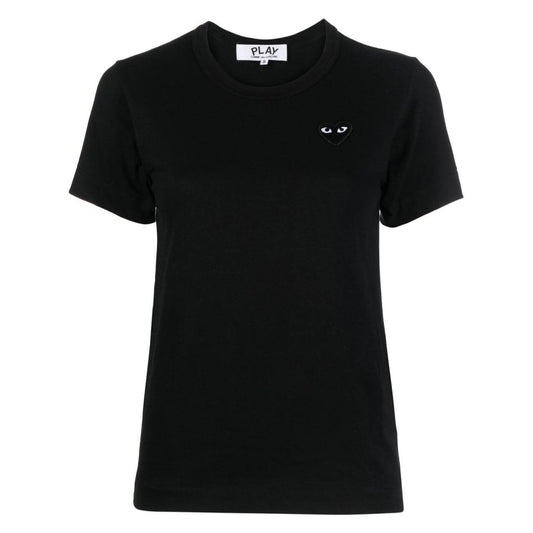 Comme des Garcons Play black T-shirt featuring camouflaged heart logo with eyes, crew neck, short sleeves, and straight hem.