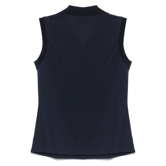 Navy blue Emporio Armani Icon sleeveless top, back view, featuring classic collar and side slits, fits true to size.