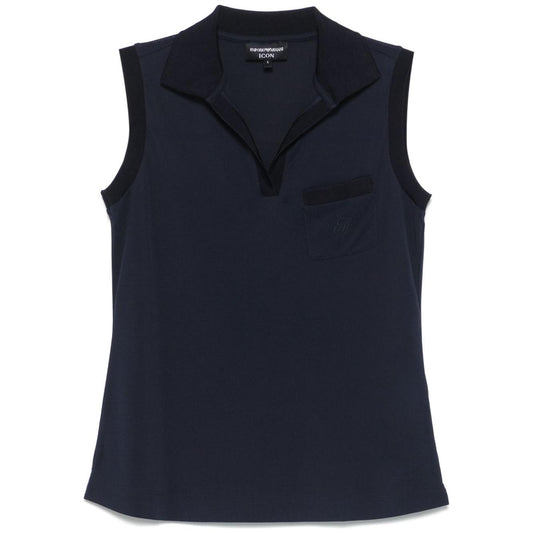 Emporio Armani navy blue sleeveless top with chest pocket and classic collar, featuring short side slits. Size S/M.