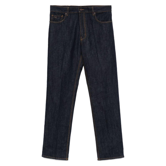 Emporio Armani indigo blue tapered jeans with classic five-pocket design and rear logo patch for a stylish look.