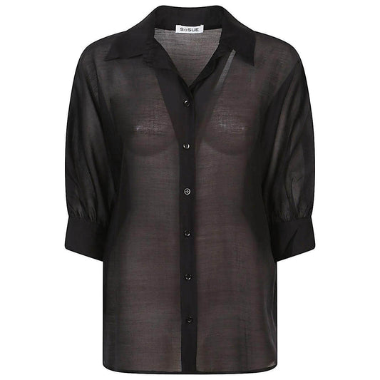 Women's SOSUE Antonia black blouse, oversized with short sleeves, soft fabric, smooth button placket.