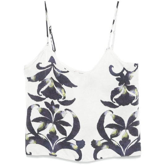 Forte Forte white printed top with adjustable spaghetti straps and scoop neck, featuring a versatile cropped design, size s/m.