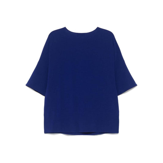 Alberto Biani royal blue Cady blouse with drop shoulder three-quarter sleeves, short side slits. True to size, elegant women's fashion top.