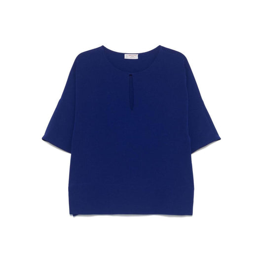 Alberto Biani royal blue blouse with drop shoulders, three-quarter sleeves, and side slits, shown in size 40 IT.