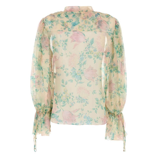 Chloè beige silk blouse with floral print, balloon sleeves, and tie cuffs, elegant women's fashion top for versatile styling.