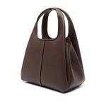 Coach Lana 25 leather crossbody bag in coffee brown with open top, two top handles, and detachable strap, shown with angled view.