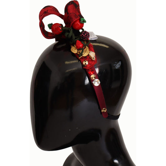 Dolce & Gabbana Cherry Silk Crystal Bow Logo Diadem Tiara Headband SMY100844