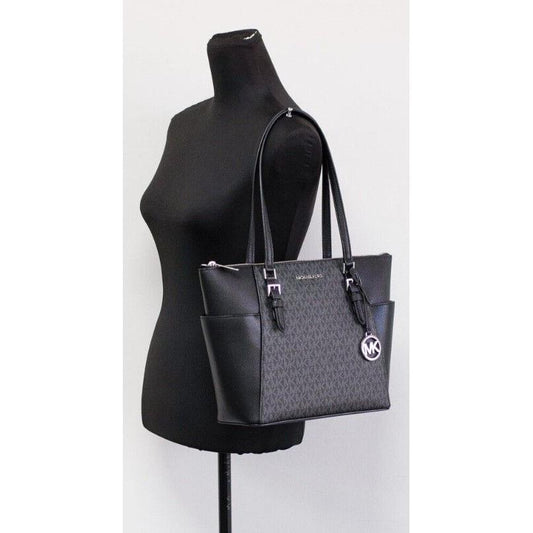 Michael Kors Charlotte Black PVC Leather Large Top Zip Tote Handbag Bag Purse Michael Kors Light Gray