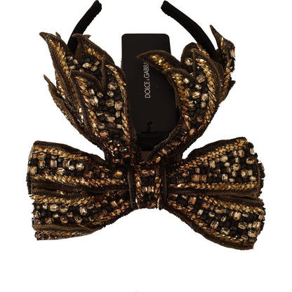 Dolce & Gabbana Gold Crystal Beaded Sequined Silk Bow Headband Diadem