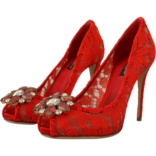 Dolce & Gabbana Red Taormina Lace Crystal Heels Pumps LA9799- 35