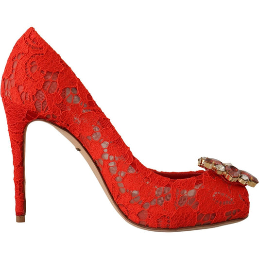 Dolce & Gabbana Red Taormina Lace Crystal Heels Pumps LA9799- 35