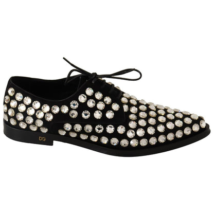 Dolce & Gabbana Black Leather Crystals Lace Up Formal Shoes
