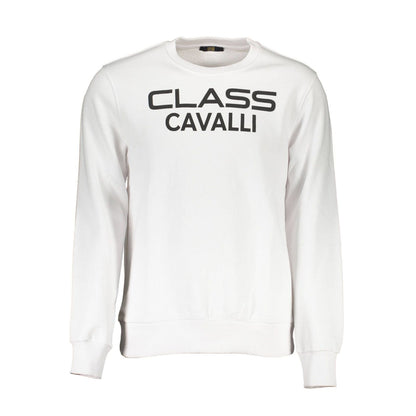 Cavalli Class White Cotton Men Sweater with logo, long-sleeved design, and casual chic style.