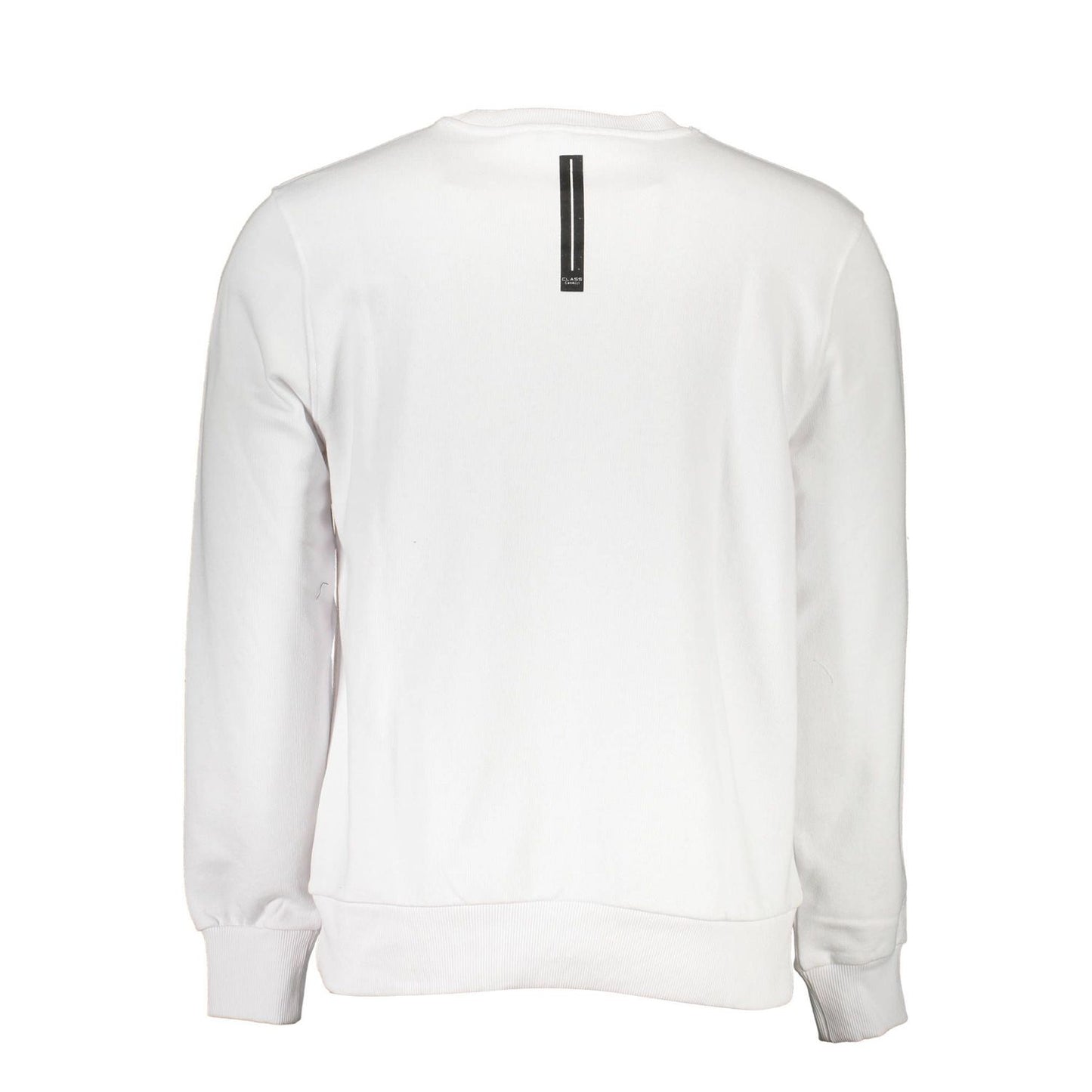 Back view of Cavalli Class White Cotton Men Sweater with logo detail. Casual chic long-sleeve design in luxurious cotton fabric.