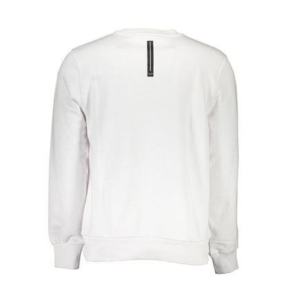 Back view of Cavalli Class White Cotton Men Sweater with logo detail. Casual chic long-sleeve design in luxurious cotton fabric.