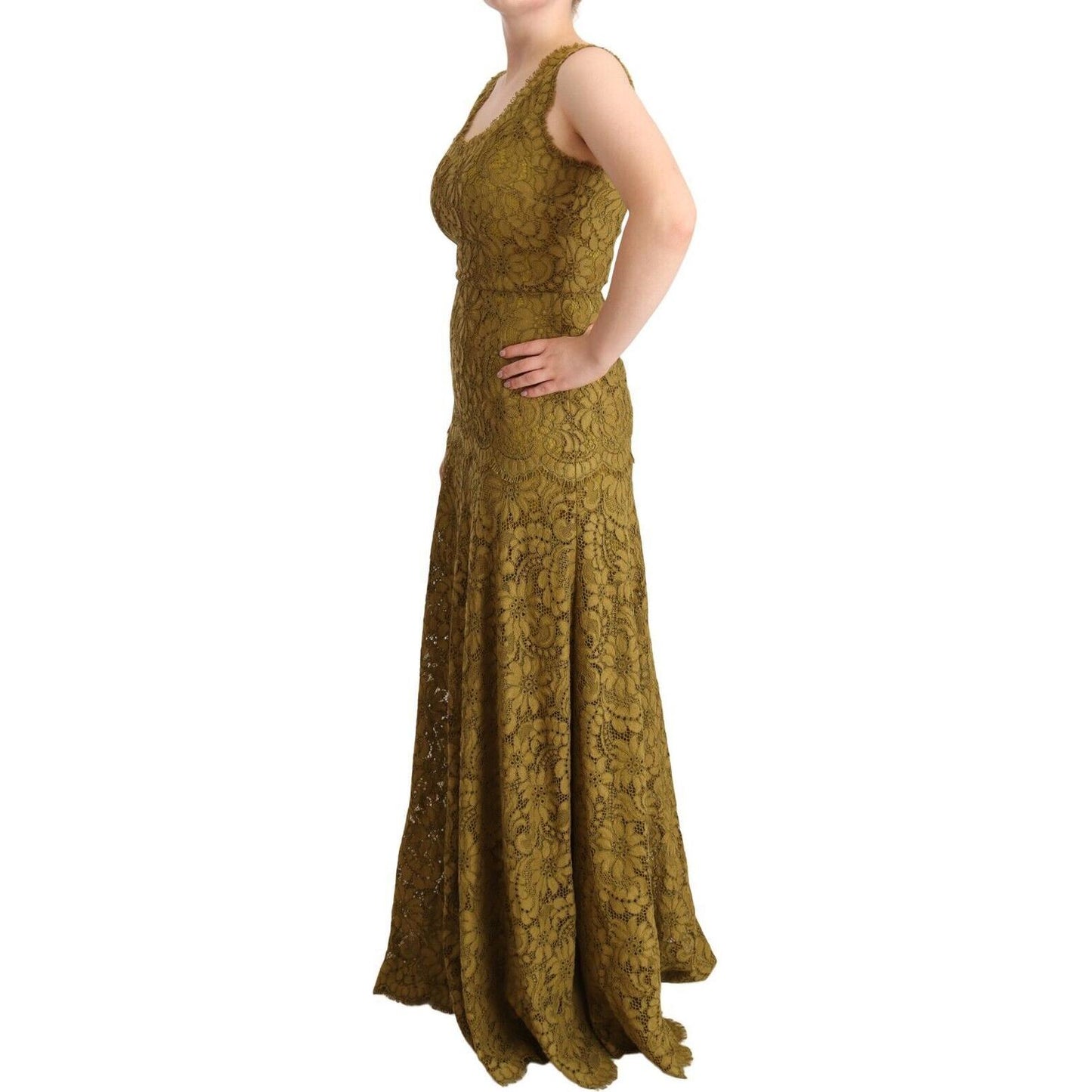 Dolce & Gabbana Brown Floral Lace Maxi Floor Length Dress