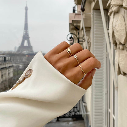 Stylish hand wearing rings with Eiffel Tower in the background, showcasing 24KAE JEWELS JEWELRY Mod. 12417Y/56 in Paris.