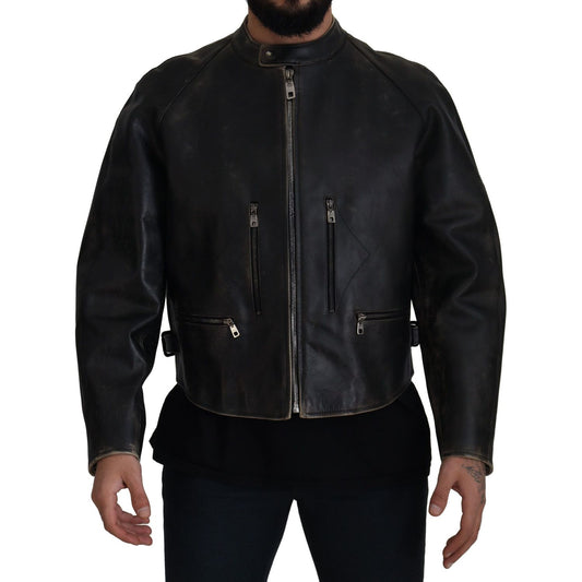 Dolce & Gabbana Elegant Black Leather Jacket with Silver Details Dolce & Gabbana Black