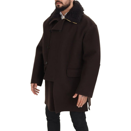 Dolce & Gabbana Elegant Dark Brown Shearling Coat Jacket Dolce & Gabbana Black