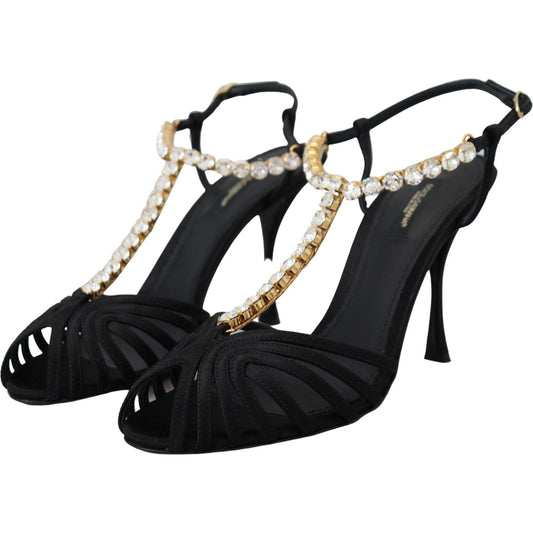 Dolce & Gabbana Black Satin Clear Crystal T-strap Sandal Shoes LA10077- 35.5