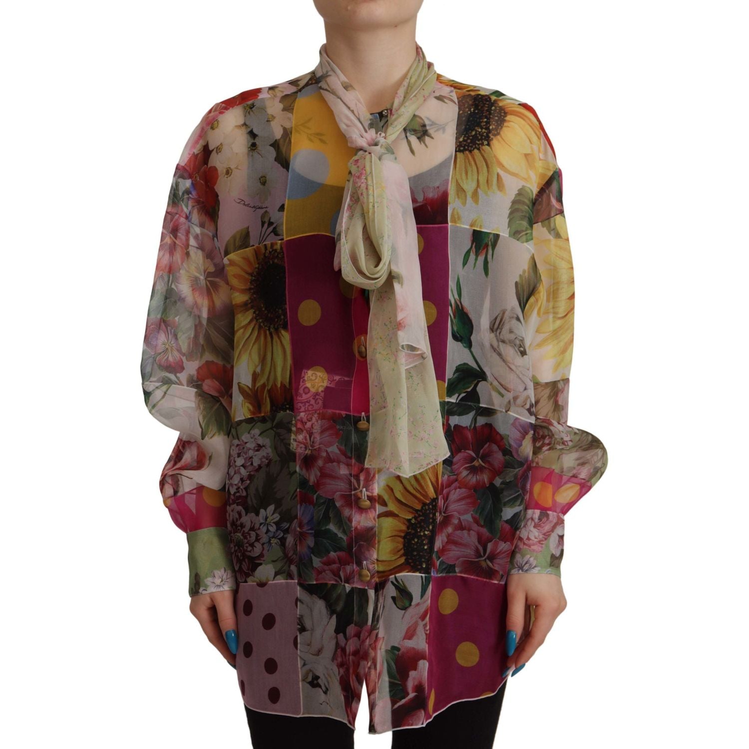 Dolce & Gabbana Multicolor Ascot Collar Patchwork Blouse Top