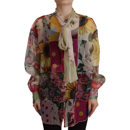 Dolce & Gabbana Multicolor Ascot Collar Patchwork Blouse Top TSH7806- 42