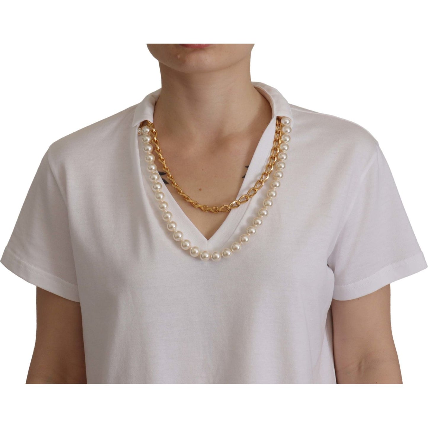 Dolce & Gabbana White Necklace Embellished Neckline T-shirt Top TSH7858- 40