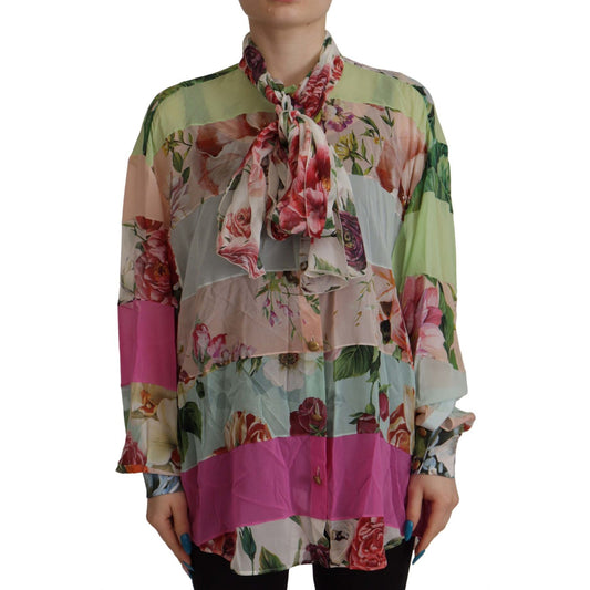 Dolce & Gabbana Multicolor Floral Patchwork Design Ascot Collar Top Blouse TSH7868- 42