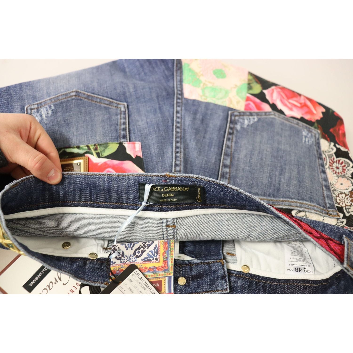 高腰拼布紧身牛仔裤