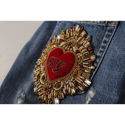 Dolce & Gabbana Blue Denim Baroque Heart Logo Patch Pants Jeans