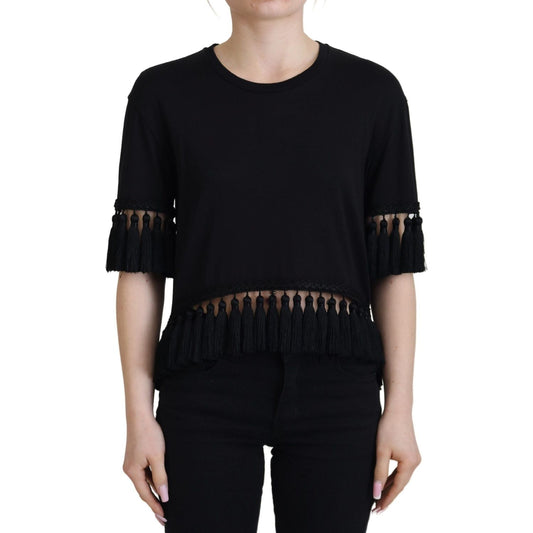 Dolce & Gabbana Black T-shirt Blouse Tassle Cotton Blouse TSH83244- 36