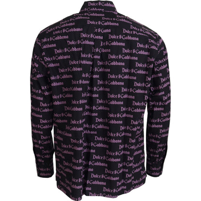 Dolce & Gabbana Black Purple Logo Slim Dress Formal Shirt