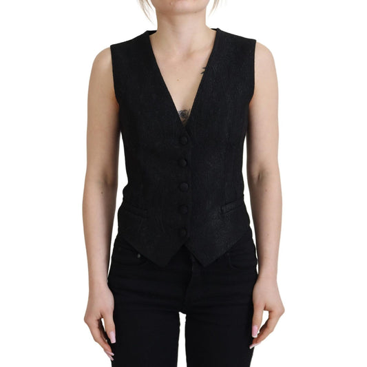Dolce & Gabbana Black Brocade Button Down Sleeveless Vest Top TSH83311 - 40