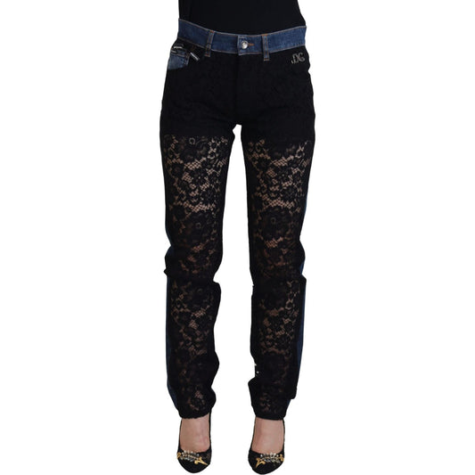 Dolce & Gabbana Black Floral Lace Front Skinny Denim Jeans PAN74208 - 40