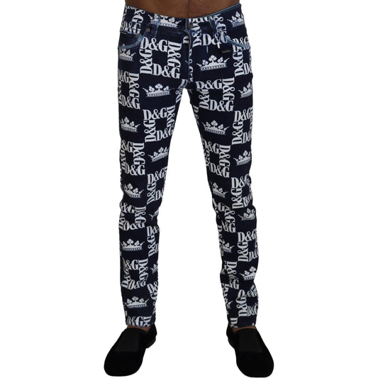 Dolce & Gabbana Elegant Crown Print Denim Pants Dolce & Gabbana Gray